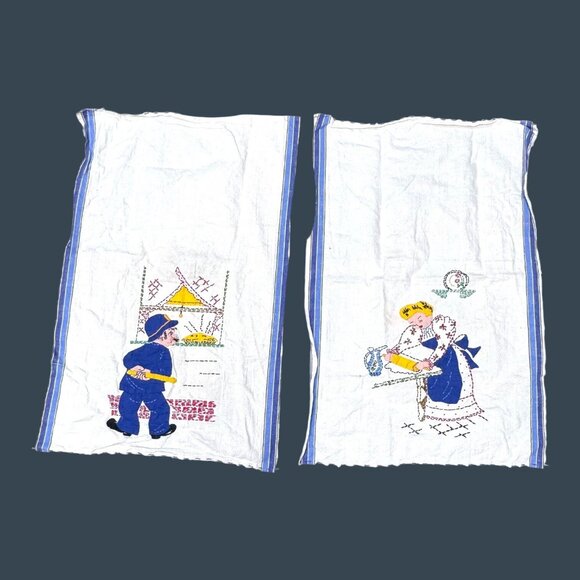 Vintage Embroidered Kitchen Towels Blue White Policeman Pie Set 2 Farmhouse READ - Picture 1 of 6